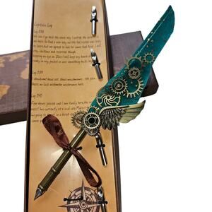 Calligraphy Turquoise Feather Pen with 5 different tips in box (smashed)